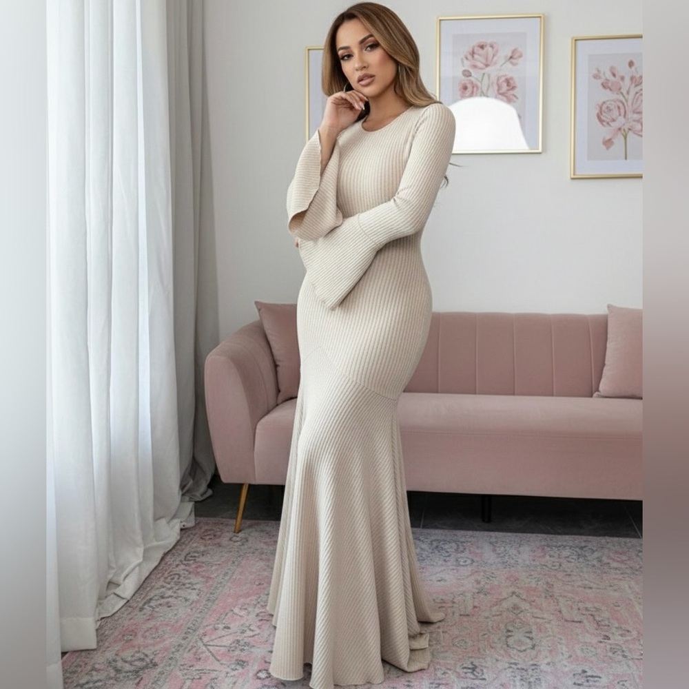 Cream Long Sleeve Maxi Dress